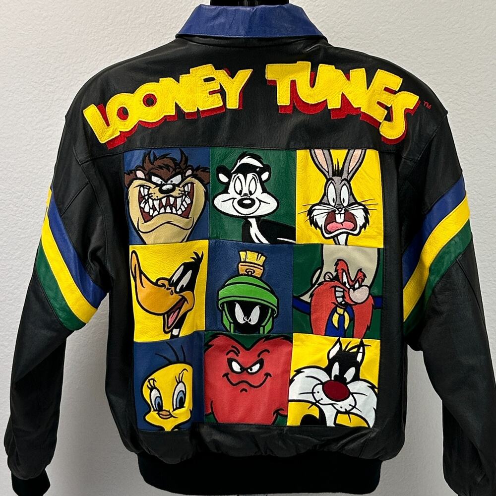 Vintage 90s Looney Tunes Leather Bomber Jacket L Large 1997 Warner Bros Black